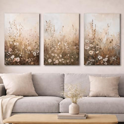 Neutral Wildflower Canvas Wall Art, 3 Piece Gallery Wrapped Set, 12x16 - color: Wildflowers in the grass, size: 12x16 inch