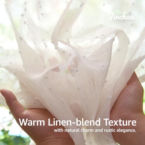 jinchan White Pom Pom Voile Kitchen Tier Curtains 24 Inches 2 Panels - color: Dottie Linen Whisper, size: 26"W x 24"L (Pack of 2)