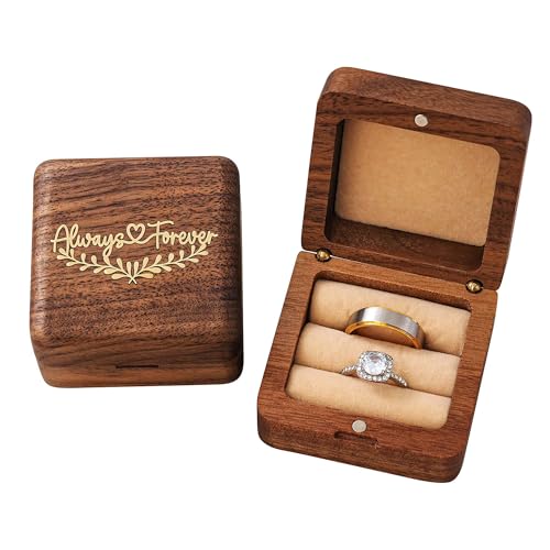 KWOOD Personalized Wooden Wedding Ring Box, Engraved Always &Forever Double Ring Holder, Wedding Ceremony Ring Bearer Box, Anniversary Birthday Gift Idea - style: G-Always & Forever