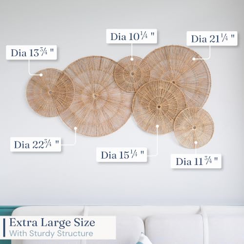 CHI AN HOME Wicker 23 Inch Jute Wall Decor Baskets, Set of 6 Extra Large Woven Jute Wall Plates, 23",21",15",13",12,10", Decorative Baskets for Wall Arts, Wall Hanging for Bedroom, Living Room, Office