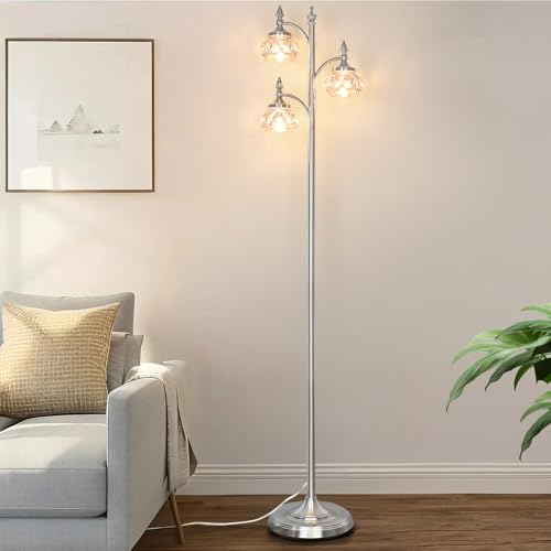JUNNAI Brushed Nickel Floor Lamp 66.5'' Tall Standing Lamp Dimmable Tree Floor Lamps with 3 LED Lights Glass Shades Silver Lamp for Living Room Bedroom Office(3 Bulbs Included) - color: Silver
