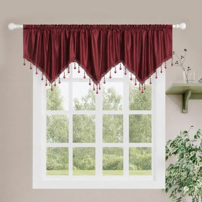 Molaxhome Swag Curtain Scalloped Curtain Valance Drape Sheer Lace Panel 1pc - color: Cloth Red