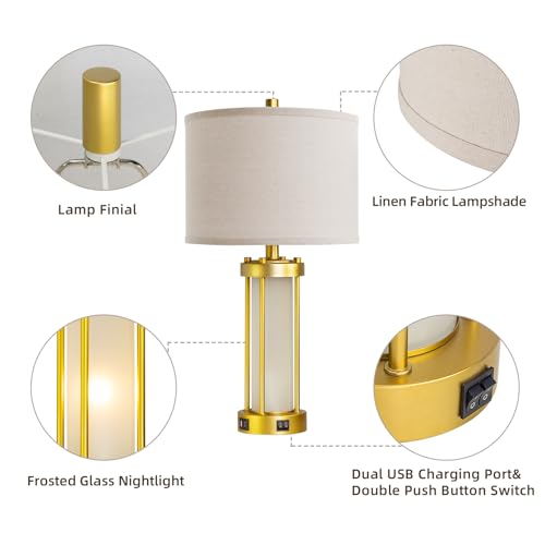 RORIA Modern Table Lamps for Living Room Set of 2 with 2 USB Ports - color: Gold