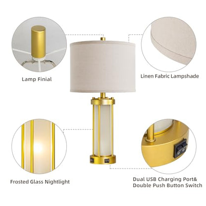 RORIA Modern Table Lamps for Living Room Set of 2 with 2 USB Ports - color: Gold