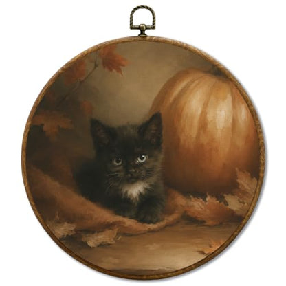 JUIOEIU Fall Black Cat Pumpkin Maple Leaf Round Wall Decor 10x10in 991 - color: Black Cat Pumpkin