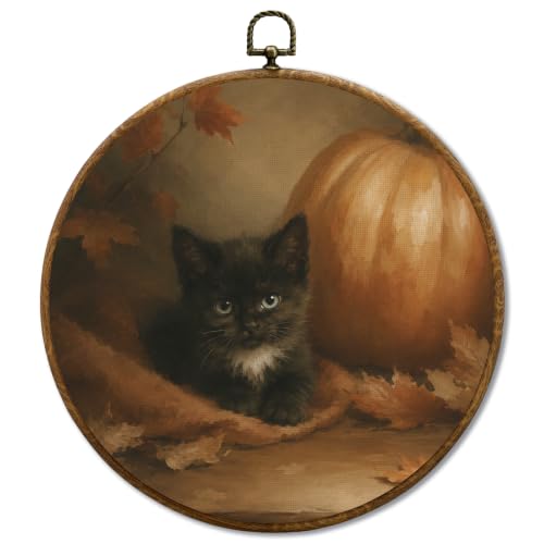JUIOEIU Fall Black Cat Pumpkin Maple Leaf Round Wall Decor 10x10in 991 - color: Black Cat Pumpkin