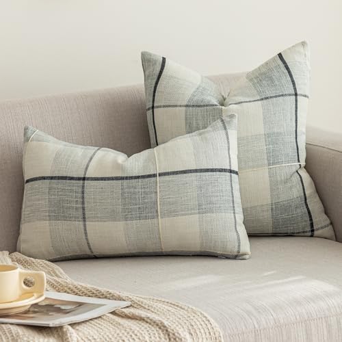 vctops Rustic Lattice Cotton Linen Decorative Throw Pillow Cover Embroidery Square Cushion Cover Pillowcase for Sofa Bedroom Couch (Grey White Plaid, 18"x18") - color: Grey White Plaid, size: 18" x 18" (Pack of 1)