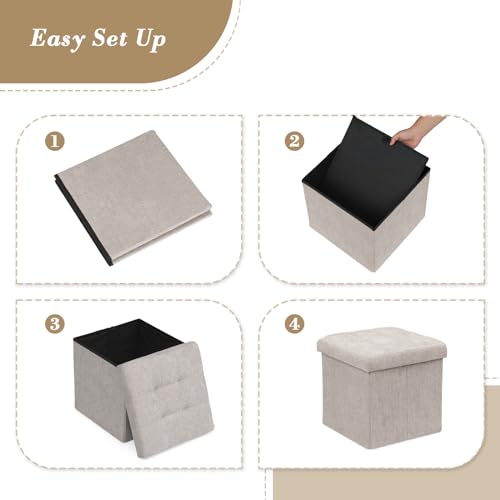Athena Collection 15" Storage Ottoman Bench Folding Bench with 40L Hidden Storage, Small Cube Ottoman Linen Foot Rest Stool Chest with Flipping Lid for Living Room, Bedroom, Entryway, Sandy Beige - color: Sandy Beige, style: 15" Linen