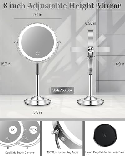 1X/30X 8" Magnifying Makeup Mirror with Lights Height Adjustable for Desk