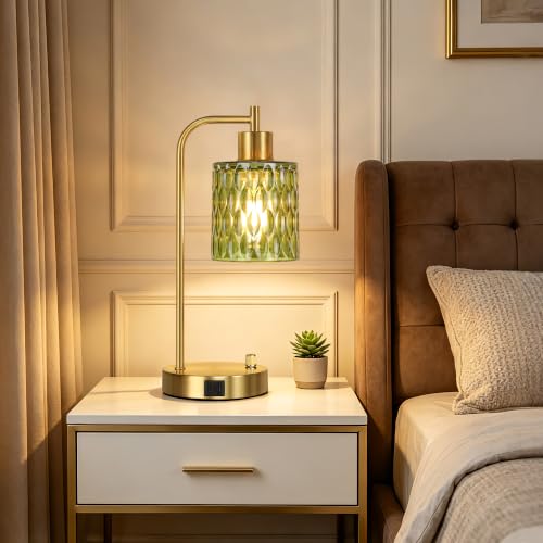 Table Lamps Set of 2, Green Glass Dimmable Bedside Lamps for Living Room - color: Gold&Green-3