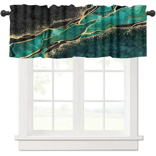 Green Malachite Window Valance, Abstract Black Green Gold Marble Modern Luxury Art Vintage Stone Print Short Curtains for Kitchen Home Bedroom Living Room, 54x18inch - color: Marble-14