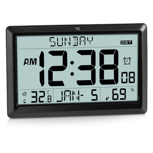SZELAM Atomic Clock,10.5"Large Display Digital Wall Clock Battery Operated,Digital Calendar Auto Setting Desk Clocks with Indoor Temperature,Humidity,Date,Day,Auto DST for Elderly Bedroom-No backlight - color: 10.5" Atomic
