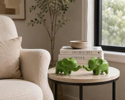 4 Inch Green Ceramic Elephant Figurines Set of 2 - color: Green