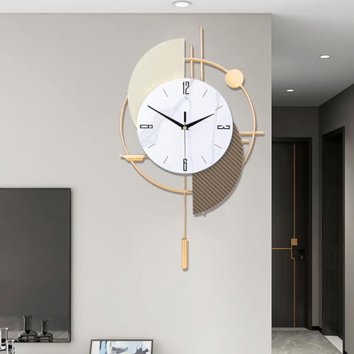 FILLOVE Large Decorative Wall Clock with Pendulum for Living Room, Matte White Half Circle & Gray Striped Scalloped, White Marble Dial, Silent for Living Room, Bedroom, Study, Office - color: Glod&gray