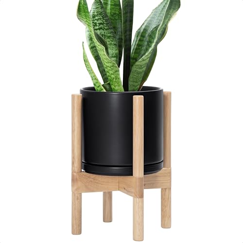 D'vine Dev Ceramic Pot with Natural Wood Stand, Black, 8 in, 55-B-N-2 - color: Black Pot + Natural Stand, size: 8 Inch