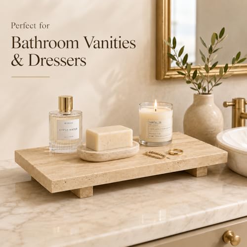 Travertine Pedestal Decorative Tray 13.8 x 6.7 in - color: Beige Travertine-13.8 in