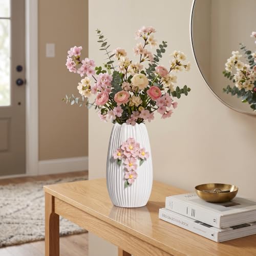 Ceramic Flower Vase,White Modern Vase for Pampas Grass, 9 Inch - color: White and Pink, size: 9 inch