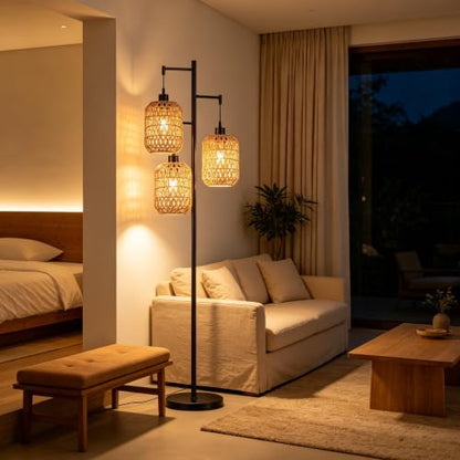QIYIZM Floor Lamp for Living Room,Bedroom,Boho Rattan Tree 3 Lights Farmhouse Floor Lights,Industrial Black Standing Lamp Wicker Rustic Tall Lamp,Woven Bamboo LampShade Floor Lamps Bohemian - size: Floor Lamp--17