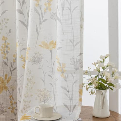 SUOUO Yellow Floral Semi-Sheer Curtains 84 Inches 2 Panels Rod Pocket - color: Yellow-grey, size: 52"W x 84"L (Pack of 2)