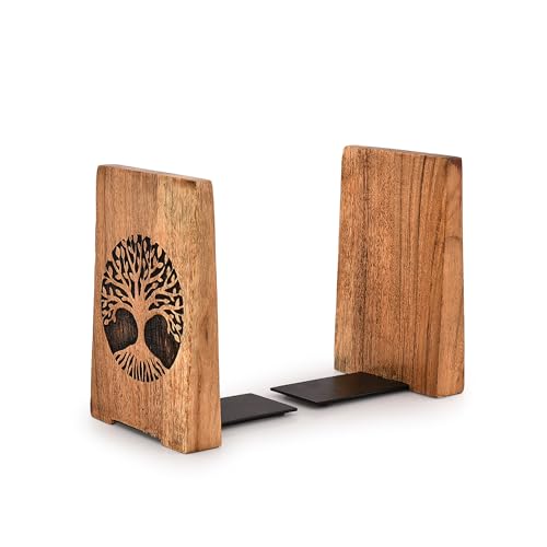 NIRMAN Office Bookends Iron & Acacia Wood Tree of Life Office Bookends for Shelves or Bookcase Heavy Bookends, Home Décor Gift (4"" X 4"" X 6""), (Set of 2), Brown