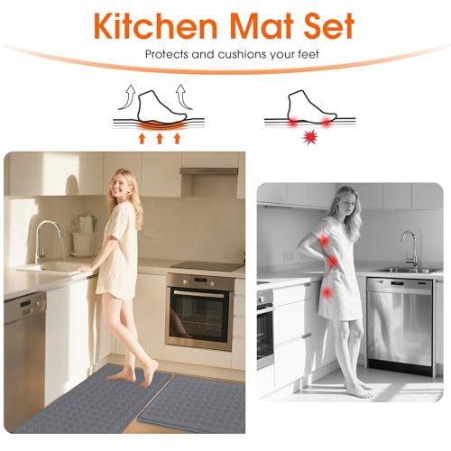 TranquilRelax Kitchen Mats, Cushioned Mats with Extra-Long Runner, Grey - color: Grey, size: 2-Piece | 30"+71" | Standard