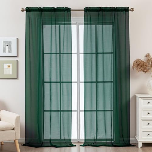 Green Sheer Curtains 96 Inches Long Rod Pocket - color: Hunter Green, size: 42"W x 96"L (Pack of 2)