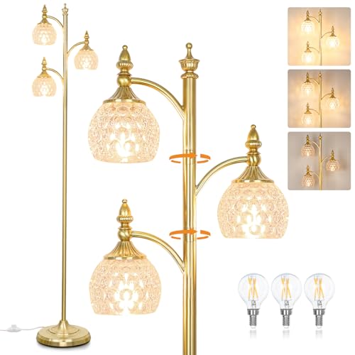 Gold Flower Floor Lamp, Dimmable Tree Floor Lamps for Living Room Brass Tall Standing Lamp with 3 Brightness Lights Glass Shades 66.5'' Modern Corner Lamp for Bedroom Office(3LED Bulbs Included) - color: Gold-3