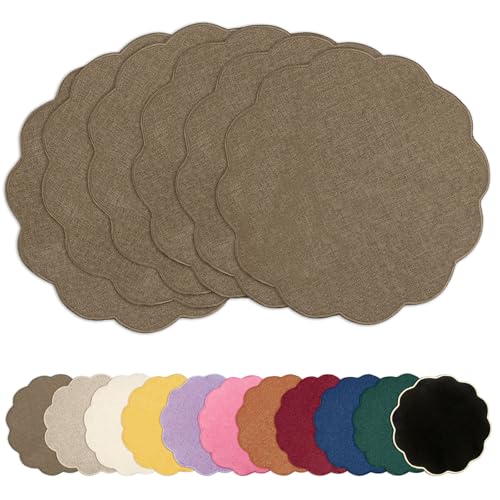 AHHFSMEI Round Scalloped Placemats Set of 6 15 Inch Faux Linen - color: Brown