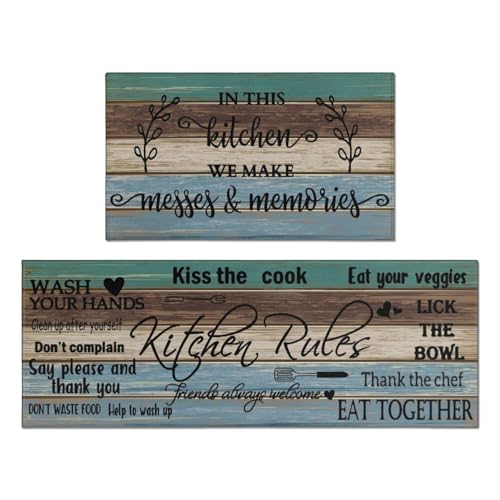 Farmhouse Kitchen Rug Sets of 2 Piece Non Slip Kitchen Rugs and Mats Washable Kitchen Mats for Kitchen Floor Mat Carpet Runner Rugs for Hallway Laundry Decor 17"x30"+17"x47" - color: Green-brown-blue, size: 17" x 30" + 17" x 47" (Set of 2)