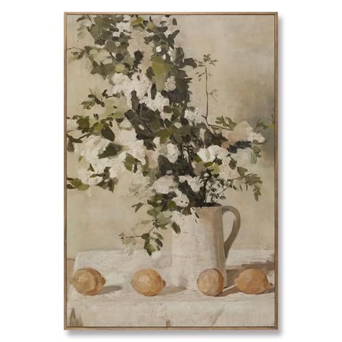 Natural Wood Framed Lemon Floral Canvas Wall Art, Retro Botanical Fruit Still Life Oil Painting, Neutral Farmhouse Rustic Aesthetic Wall Decor for Kitchen Dining Room Bathroom Living Room Home, 36”L x 24”W - color: Flowers and Lemons, size: 36"L x 24"W