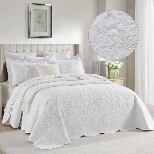 100% Cotton Oversized Bedspread Quilt Coverlet Set, 120"x120" - color: White/Beige Embroidery, size: King/Cal King(120"x120")