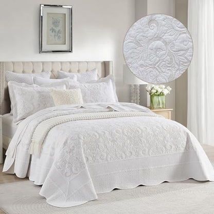100% Cotton Oversized Bedspread Quilt Coverlet Set, 120"x120" - color: White/Beige Embroidery, size: King/Cal King(120"x120")