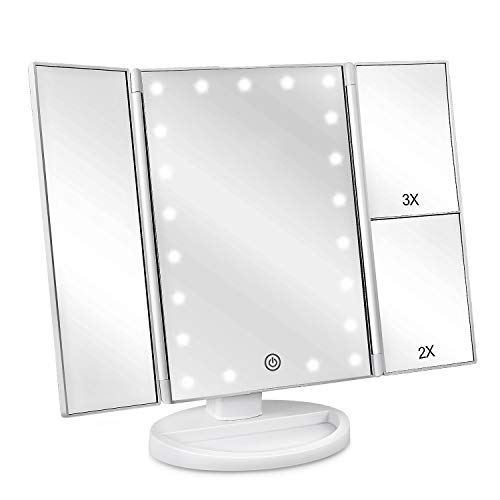 deweisn Floor Mount Tri-Fold Lighted Vanity Mirror with 21 LED Lights, Touch Screen and 3X/2X/1X Magnification, Two Power Supply Modes Make Up Mirror,Travel Mirror - color: White