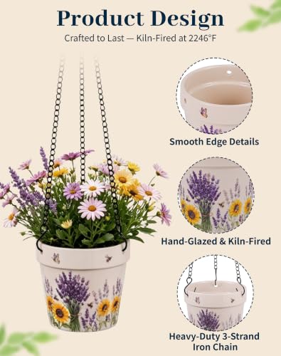 Stoneware Hanging Planters Set of 2, Large 7" + Small 5" - color: Set 2-lavender Fields