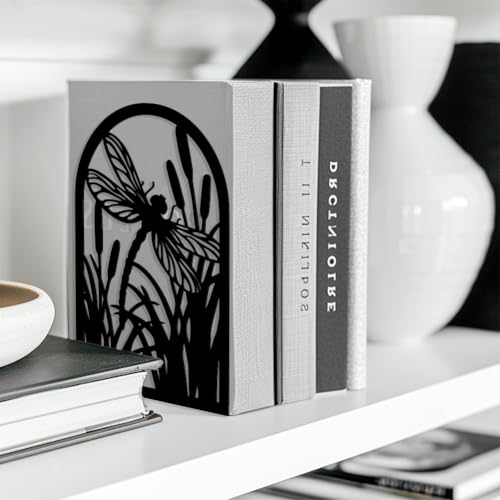Peacoblue 5.3"x4.3"x7.9" Metal Bookends, Heavy Duty Book Ends for Shelves - style: Dragonfly