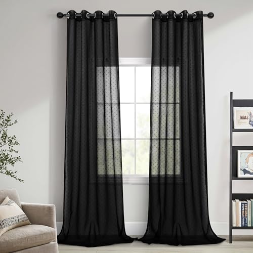 Black Sheer Curtains 108 Inches Long 2 Panels Polka Dots Pattern Grommet - color: Black, size: 52"W x 108"L (Pack of 2)