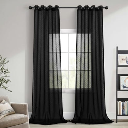 Black Sheer Curtains 108 Inches Long 2 Panels Polka Dots Pattern Grommet - color: Black, size: 52"W x 108"L (Pack of 2)