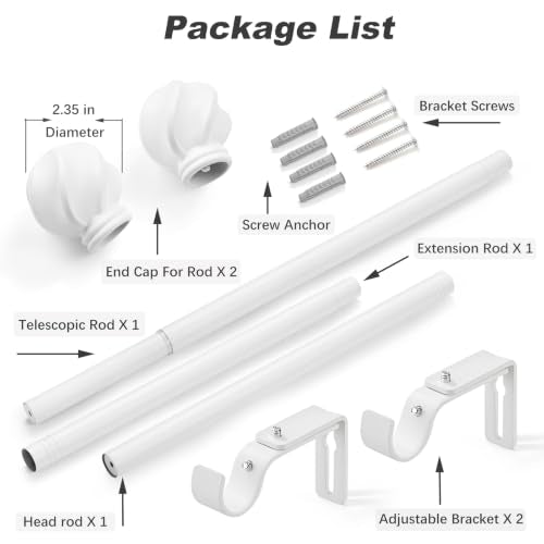 LLPJS Curtain Rods 16-48", 1 in Adjustable White Rod with Finials, 1 Pack - color: White, size: 16" to 48" - 1 pack