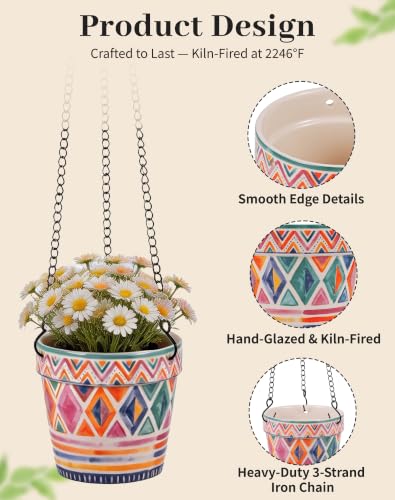 Stoneware Hanging Planters Set of 2, Large 7" + Small 5" - color: Set 2-boho Geometric