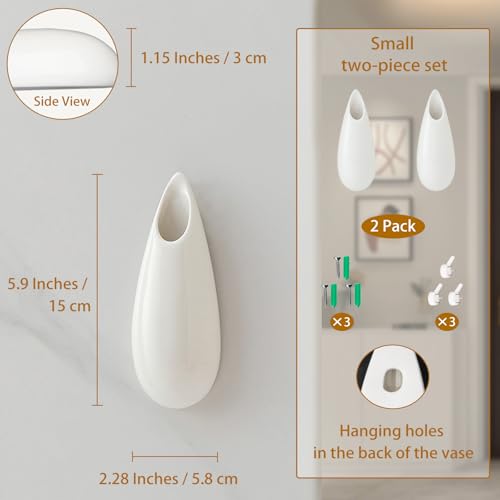 White Ceramic Wall Vases, Set of 2, 5.9 Inch, Teardrop Design - color: 2pcs-small