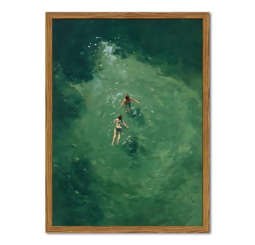 Framed Tiny People Swimming Canvas Wall Art, Minimalist Green Water Pictures Wall Decor, Abstract Summer Beach Paintings Prints Modern Home Decor for Living Room Bedroom Bathroom 16x24 inch - color: Green, size: 24"L x 16"W
