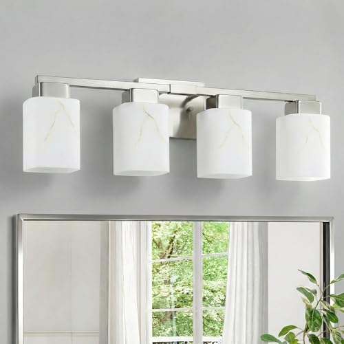 4-Light Square Bathroom Light Fixture, Brushed Nickel Modern Vanity Light with White Marble Glass Shade, for Bathroom Mirror, Living Room, Bedroom, Hallway, E26 Base - color: Brushed Nickel, size: 4-Light