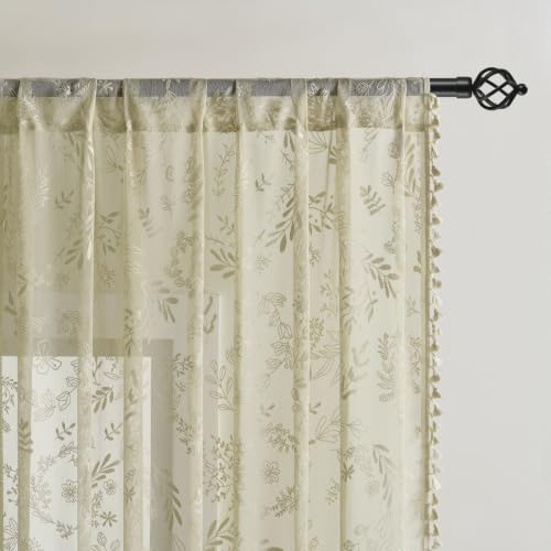 Kotile Natural Beige Sheer Curtains 72 Inches Long, Boho Floral Lace Panels - color: Beige, size: 52"W x 72"L (Pack of 2)