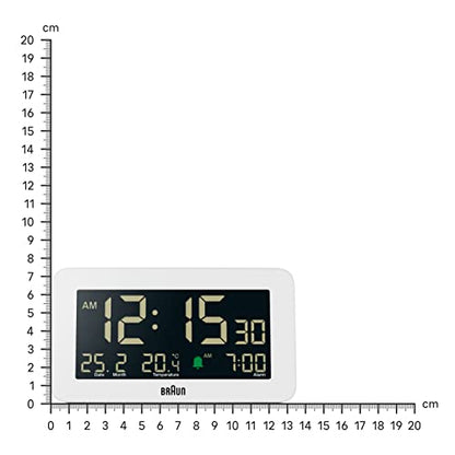 Braun Digital Alarm Clock with Date, Month and Temperature Displayed, Negative LCD Display, Quick Set, Crescendo Beep Alarm in White, Model BC10W. - color: White