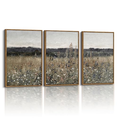 InSimSea Oversized Vintage Landscape Art, Meadow Picture, 3Pcs,16x24in | Framed Canvas Artwork, French Country, Rustic Farmhouse Decor, Bedroom Above of Bed Living Room Hallway - color: Champ Fleuri