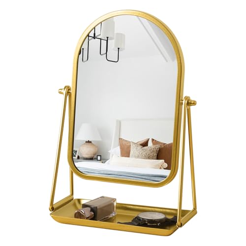 Desk Mirror, Arch Makeup Vanity Standing Mirror with Tray, Gold - color: Arched-gold