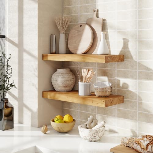 fuqing Floating Shelves for Wall, 20 Inch Rustic Solid Elm Wood Shelves - color: Natural Elm Flat Edge - 6.7"d, size: 20"L - 2Packs