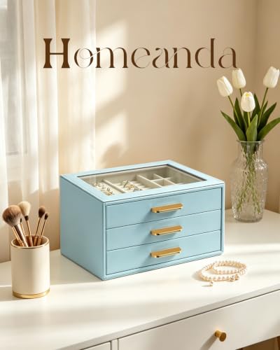 Homeanda Jewelry Boxes Organizer with Glass Lid, 3-Layer PU Leather, Blue - color: Smoky Blue, size: 3 Layer