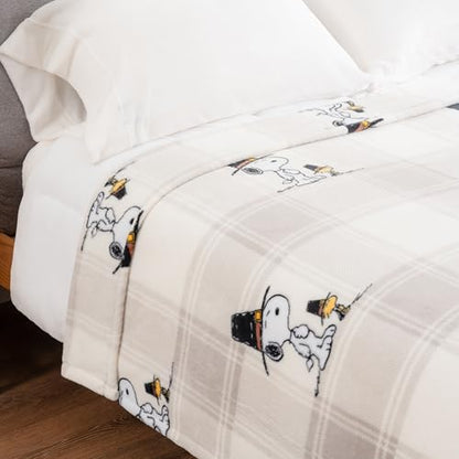 Berkshire Blanket Peanuts® VelvetLoft® Cute Character Snoopy Plush Blanket,Lakeside Plaid Harvest Snoopy and Woodstock Grey,Twin 60 in x 90 in (Official Peanuts® Product) - color: Lakeside Plaid Harvest Snoopy and Woodstock Grey, size: Twin (60 in x 90 in