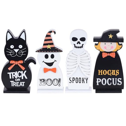 Halloween Decorations Indoor, DECSPAS 4 PCS Wood Blocks Halloween Table Decor, Ghost Black Cat Skull Witch Gothic Tabletop Ornaments, Hocus Pocus Decorations for Home, Tiered Tray, Shelf, Mantel - style: Halloween - Ghost, Cat, Skull, Witch